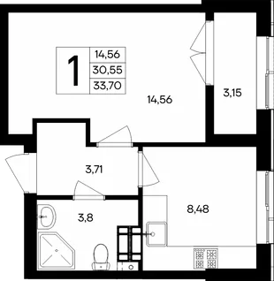Планировка 1-комн. квартира, 33.7 м² ЖК «Семисчастье»