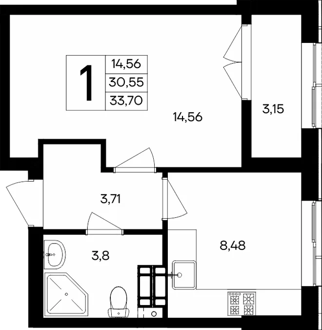 Планировка 1-комн. квартира, 33.7 м² ЖК «Семисчастье»