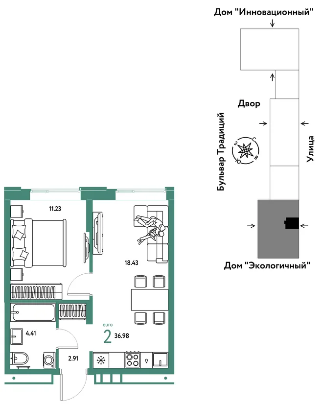 Планировка 2-комн. квартира, 36.98 м² ЖК «Микрорайон Домашний» Планировка 2-комн. квартира, 36.98 м² ЖК «Микрорайон Домашний»