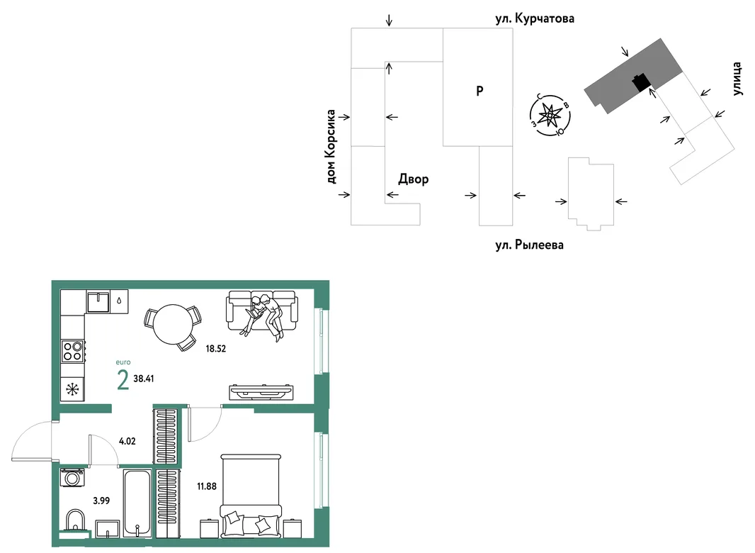 Планировка 2-комн. квартира, 38.59 м² ЖК «Остров-сад»