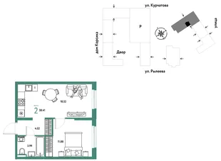 Планировка 2-комн. квартира, 38.59 м² ЖК «Остров-сад»