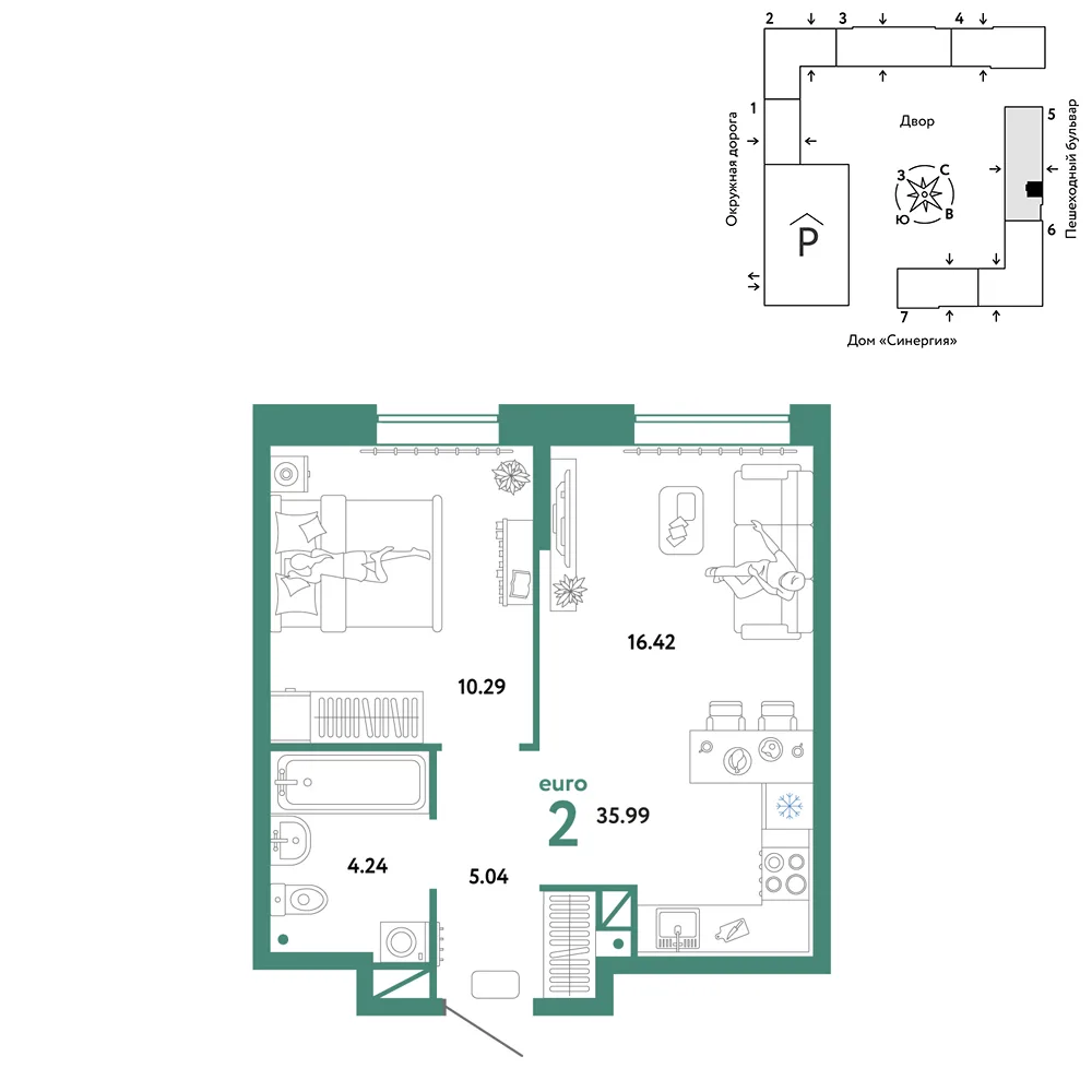 Планировка 2-комн. квартира, 35.99 м² ЖК «Юнион»