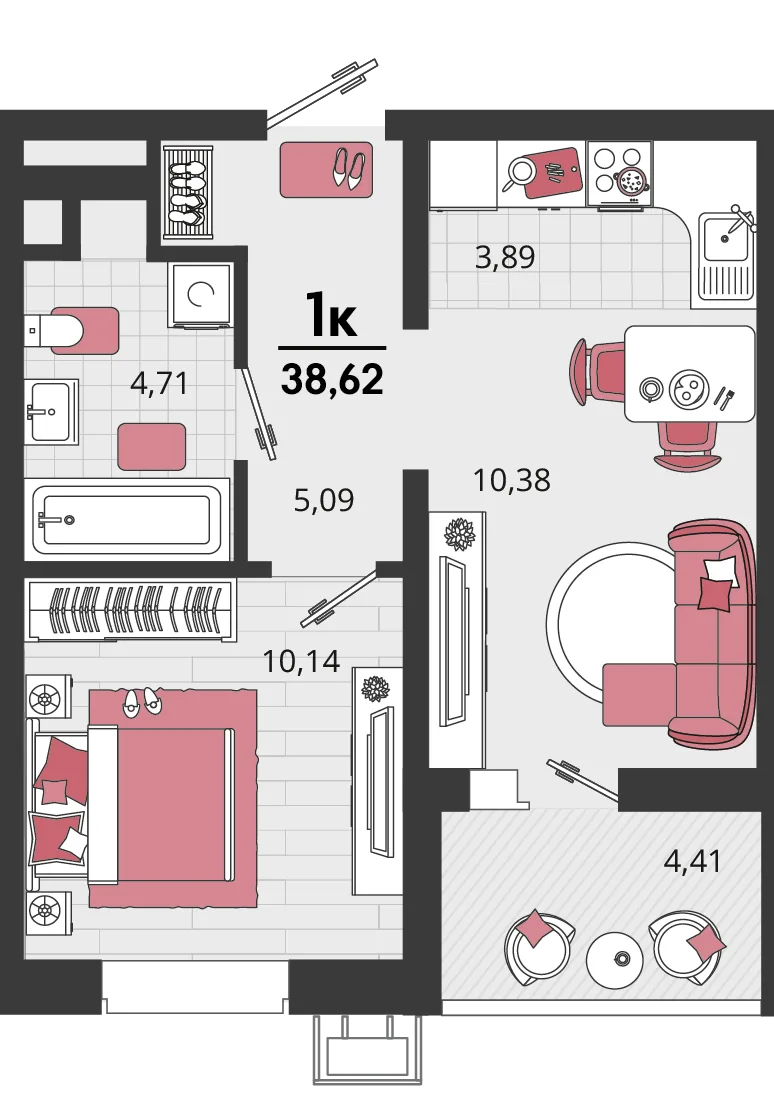Планировка 2-комн. квартира, 38.62 м² ЖК «Родные просторы»