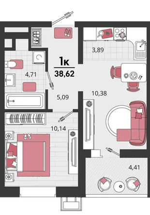 Планировка 2-комн. квартира, 38.62 м² ЖК «Родные просторы»