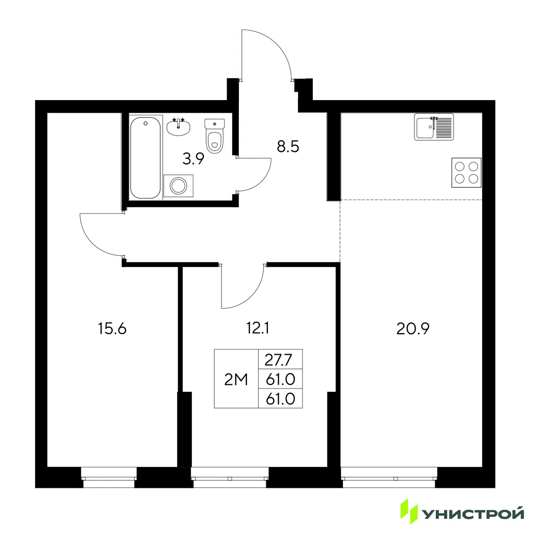 Планировка 2-комн. квартира, 61 м² ЖК «Стадиум»