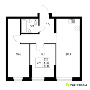 Планировка 2-комн. квартира, 61 м² ЖК «Стадиум»