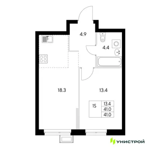 Планировка 1-комн. квартира, 41 м² ЖК «Стадиум»