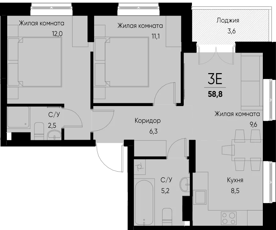 Планировка 3-комн. квартира, 58.8 м² ЖК «Васильевский остров»