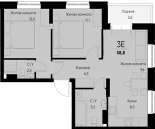 Планировка 3-комн. квартира, 58.8 м² ЖК «Васильевский остров»