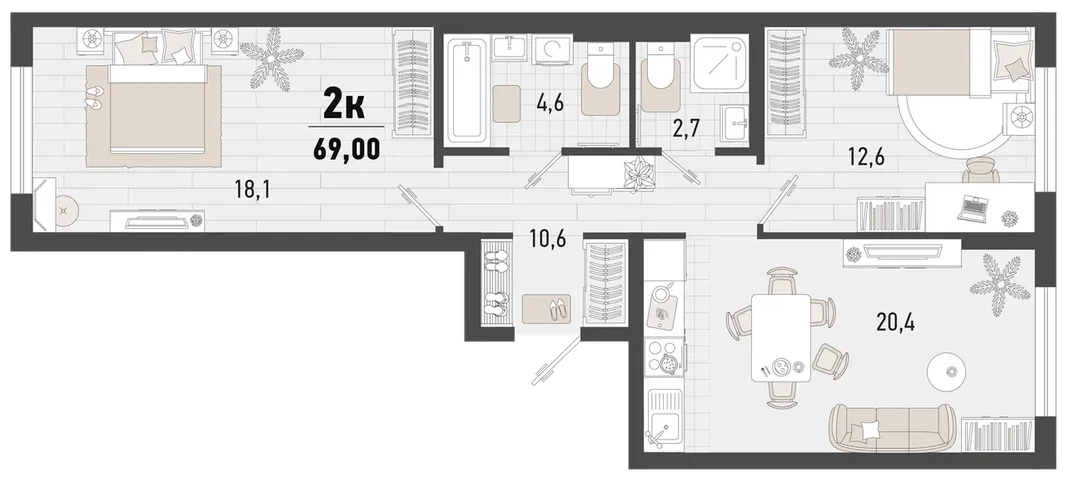 Планировка 2-комн. квартира, 69 м² ЖК «Барса»