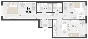 Планировка 2-комн. квартира, 69 м² ЖК «Барса»