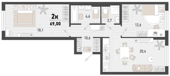 Планировка 2-комн. квартира, 69 м² ЖК «Барса» Планировка 2-комн. квартира, 69 м² ЖК «Барса»