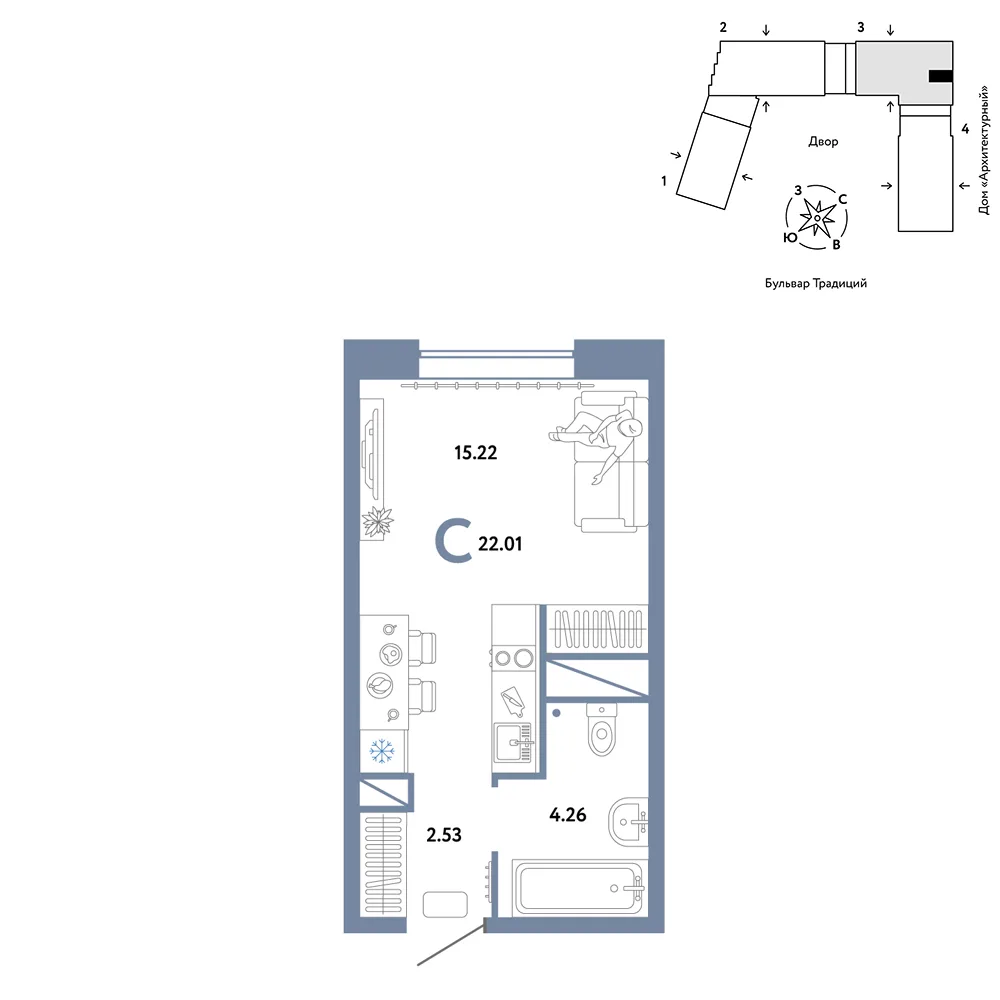 Планировка Студия, 22.01 м² ЖК «Микрорайон Домашний»