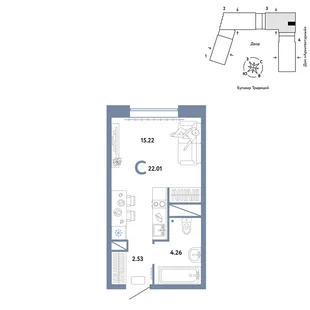 Планировка Студия, 22.01 м² ЖК «Микрорайон Домашний»
