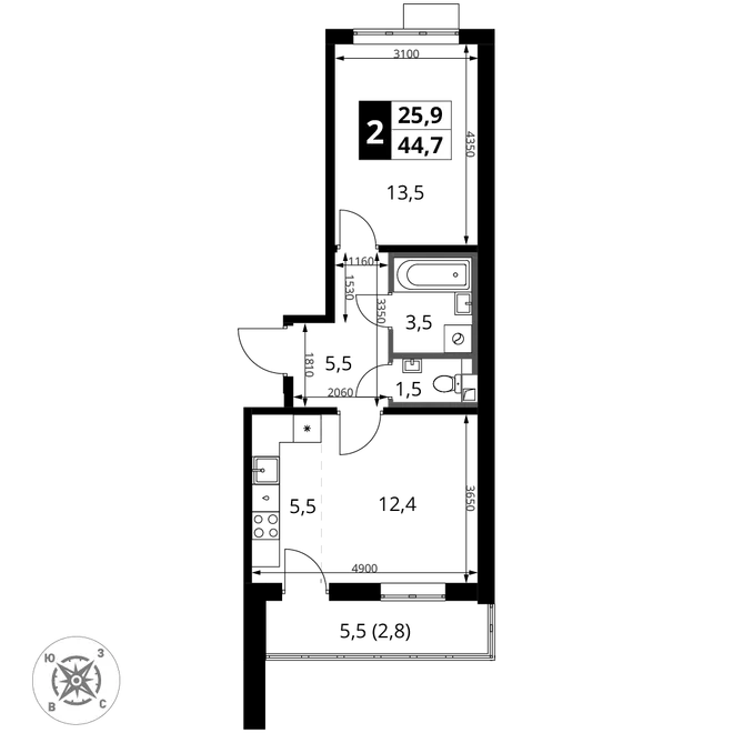 Планировка 2-комн. квартира, 44.9 м² ЖК «1-й Шереметьевский» Планировка 2-комн. квартира, 44.9 м² ЖК «1-й Шереметьевский»
