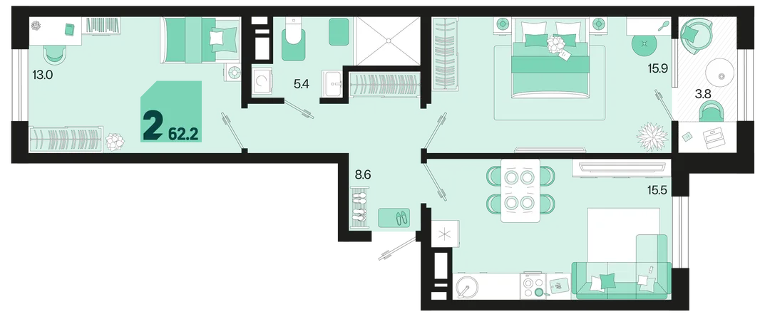 Планировка 2-комн. квартира, 62.2 м² ЖК «Первое место»