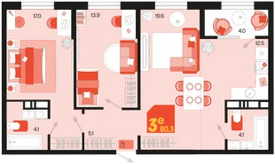 Планировка 3-комн. квартира, 80.3 м² ЖК «Первое место»