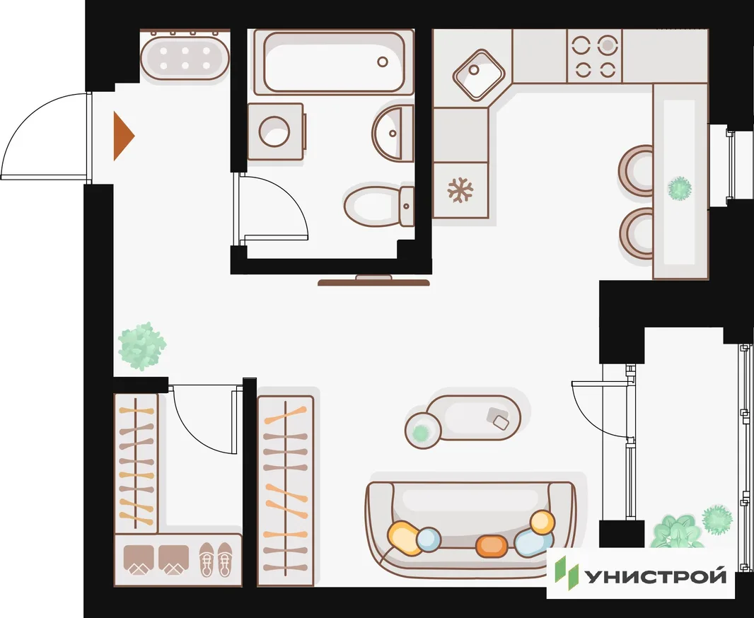 Планировка 1-комн. квартира, 33.72 м² ЖК «Жилой кластер Q на Кулагина»