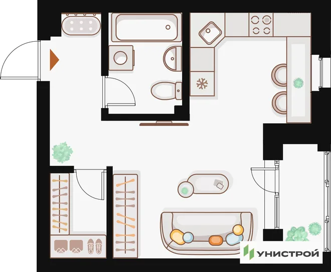 Планировка 1-комн. квартира, 33.72 м² ЖК «Жилой кластер Q на Кулагина»