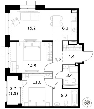 Квартира 3-комн. квартира, 69.4 м² ЖК «1-й Саларьевский» Фото 1 Квартира 3-комн. квартира, 69.4 м² ЖК «1-й Саларьевский» Фото 1