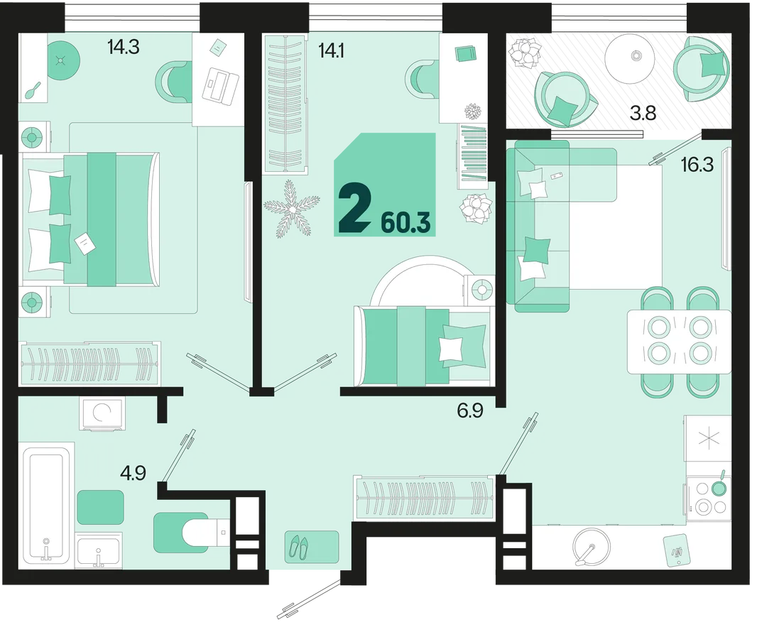 Планировка 2-комн. квартира, 60.3 м² ЖК «Первое место»
