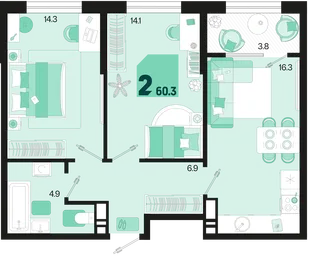 Планировка 2-комн. квартира, 60.3 м² ЖК «Первое место»