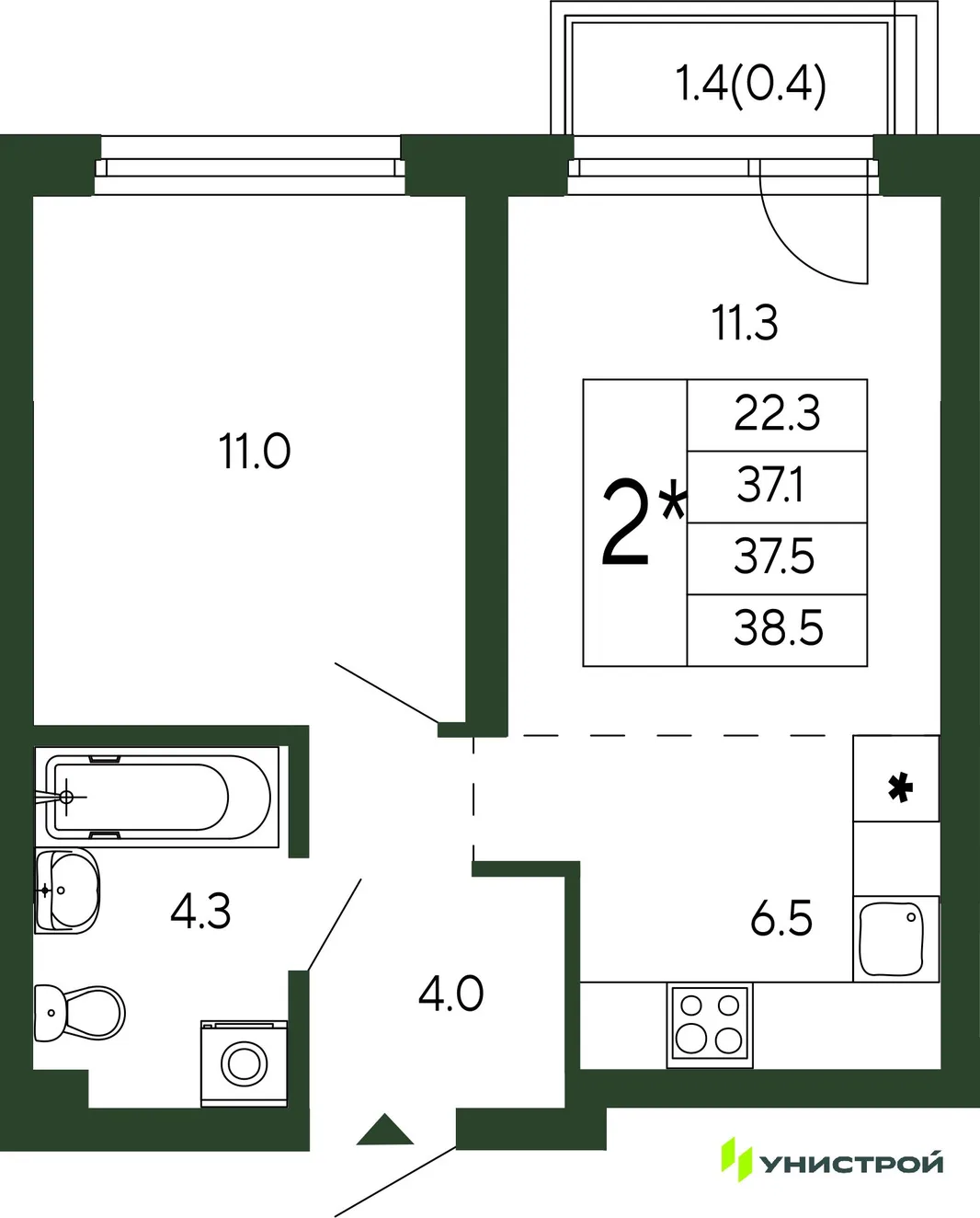 Планировка 2-комн. квартира, 37.5 м² ЖК «Парковый квартал 2.0»