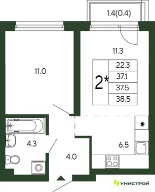 Планировка 2-комн. квартира, 37.5 м² ЖК «Парковый квартал 2.0»