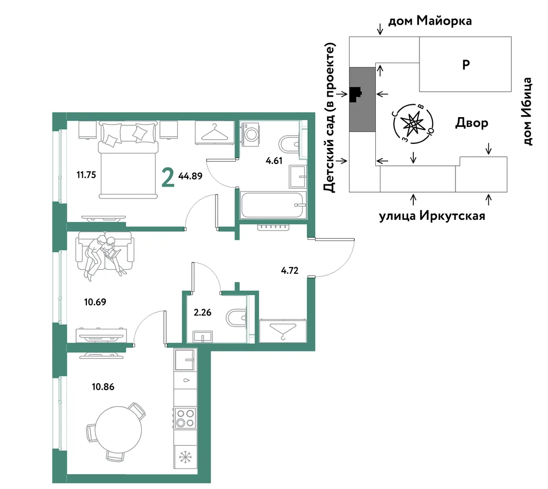 Планировка 2-комн. квартира, 44.89 м² ЖК «Остров-сад»