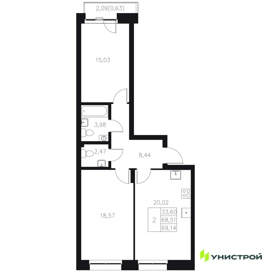 Планировка 2-комн. квартира, 69.14 м² ЖК «Statum»