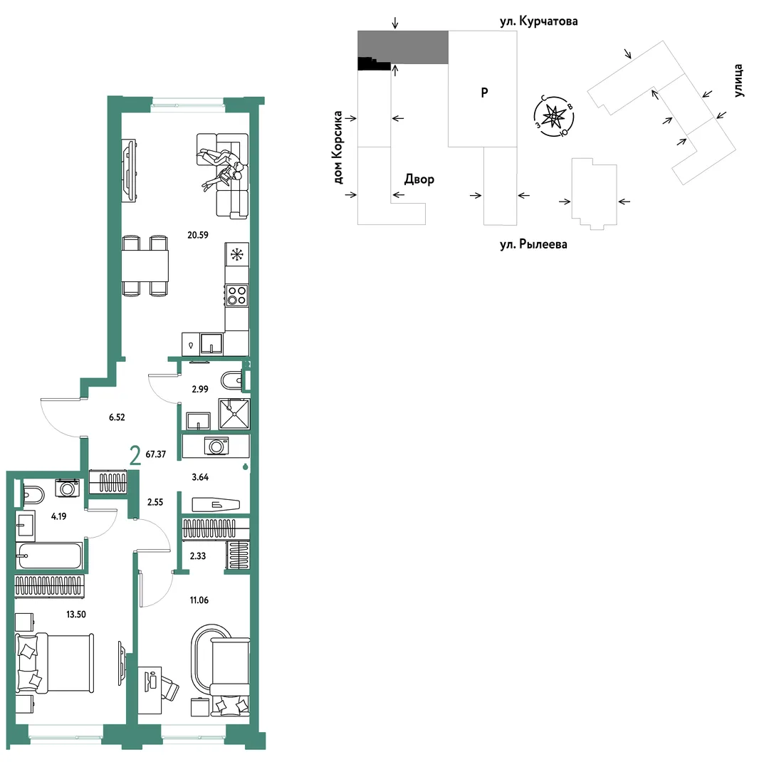 Планировка 2-комн. квартира, 67.55 м² ЖК «Остров-сад»