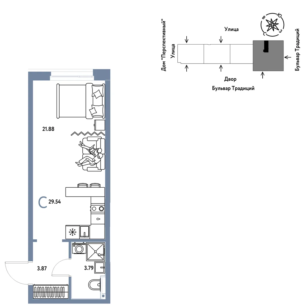 Планировка Студия, 29.54 м² ЖК «Микрорайон Домашний»