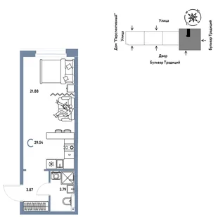 Планировка Студия, 29.54 м² ЖК «Микрорайон Домашний»