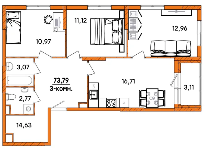 Планировка 3-комн. квартира, 73.79 м² ЖК «Юность» Планировка 3-комн. квартира, 73.79 м² ЖК «Юность»