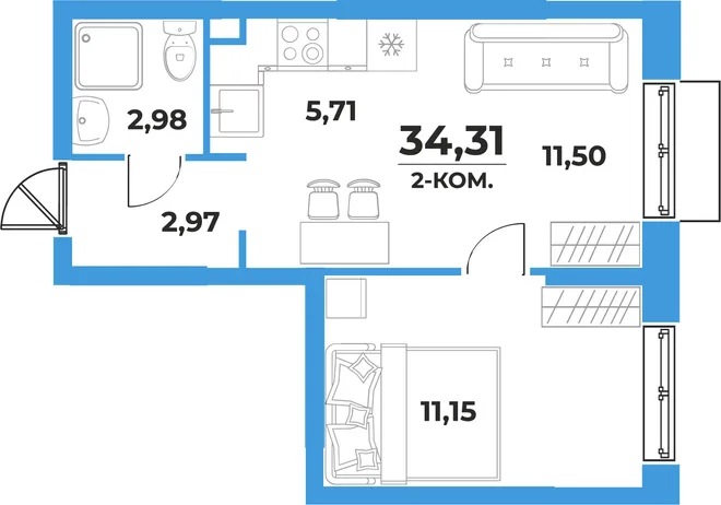 Планировка 2-комн. квартира, 34.31 м² ЖК «На семи холмах» Планировка 2-комн. квартира, 34.31 м² ЖК «На семи холмах»