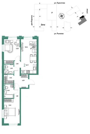 Планировка 2-комн. квартира, 66.55 м² ЖК «Остров-сад»