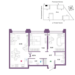 Планировка 3-комн. квартира, 60.14 м² ЖК «Микрорайон Звездный»