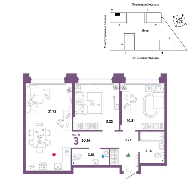 Планировка 3-комн. квартира, 60.14 м² ЖК «Микрорайон Звездный» Планировка 3-комн. квартира, 60.14 м² ЖК «Микрорайон Звездный»