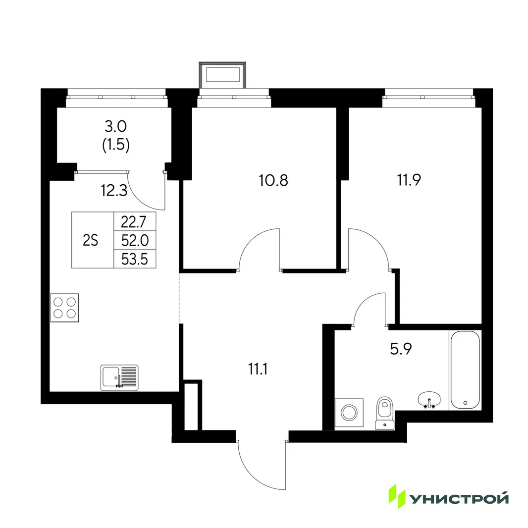 Планировка 2-комн. квартира, 53.5 м² ЖК «Стадиум»