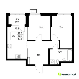 Планировка 2-комн. квартира, 53.5 м² ЖК «Стадиум»