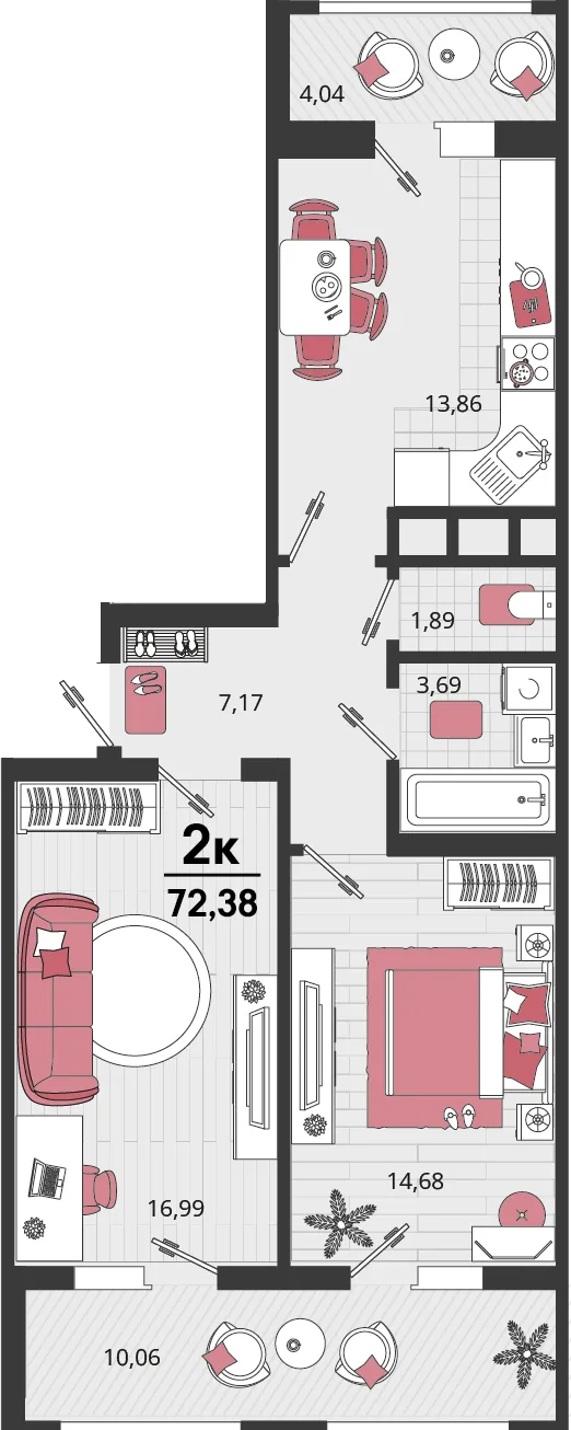 Планировка 2-комн. квартира, 72.38 м² ЖК «Родные просторы»