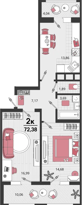Планировка 2-комн. квартира, 72.38 м² ЖК «Родные просторы»