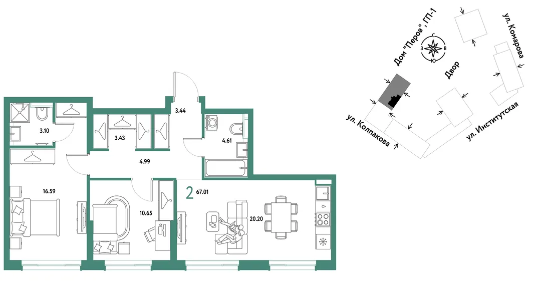 Планировка 2-комн. квартира, 67.01 м² ЖК «Страна.Парковая»