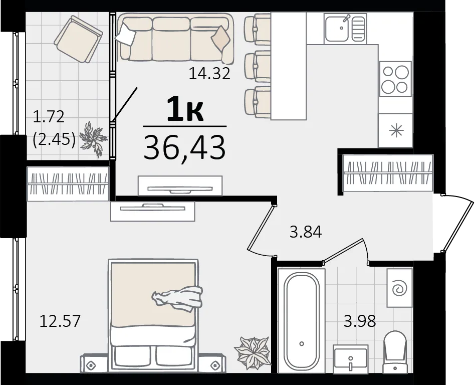 Планировка 1-комн. квартира, 36.43 м² ЖК «Патрики»