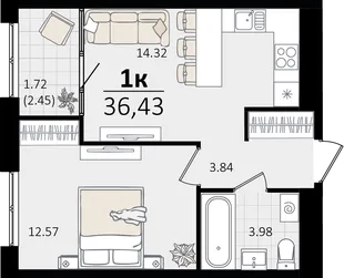Планировка 1-комн. квартира, 36.43 м² ЖК «Патрики»