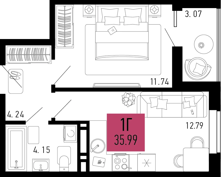 Планировка 1-комн. квартира, 35.99 м² ЖК «Столицыно»