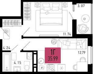 Планировка 1-комн. квартира, 35.99 м² ЖК «Столицыно»