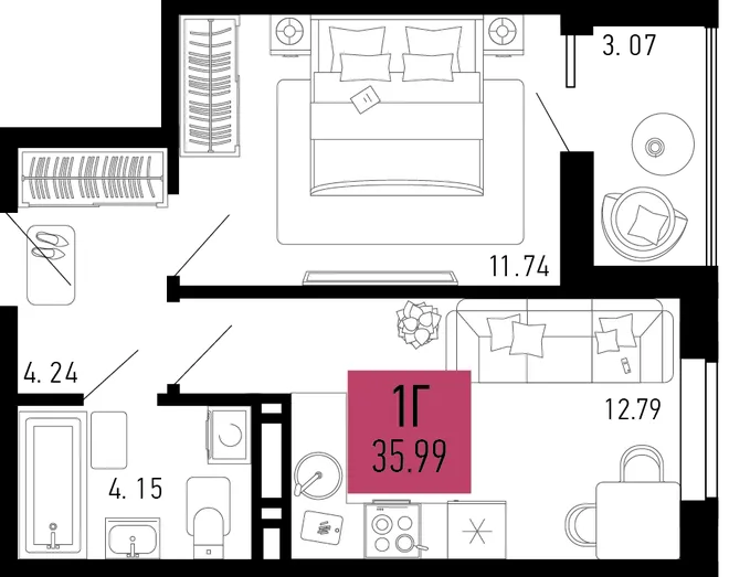 Планировка 1-комн. квартира, 35.99 м² ЖК «Столицыно» Планировка 1-комн. квартира, 35.99 м² ЖК «Столицыно»