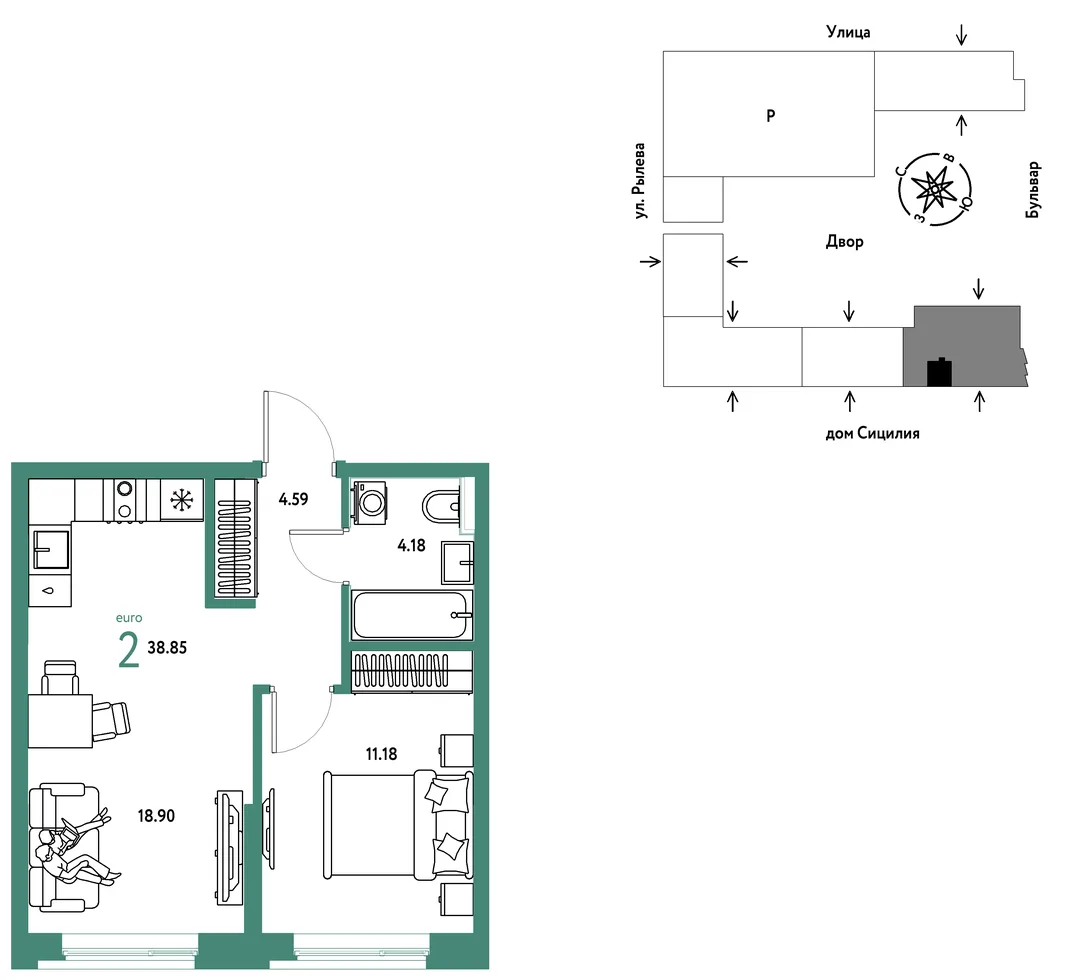 Планировка 2-комн. квартира, 38.85 м² ЖК «Остров-сад»
