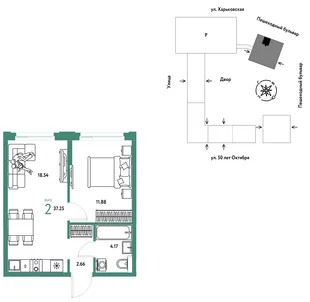 Планировка 2-комн. квартира, 37.25 м² ЖК «Сердце Сибири»